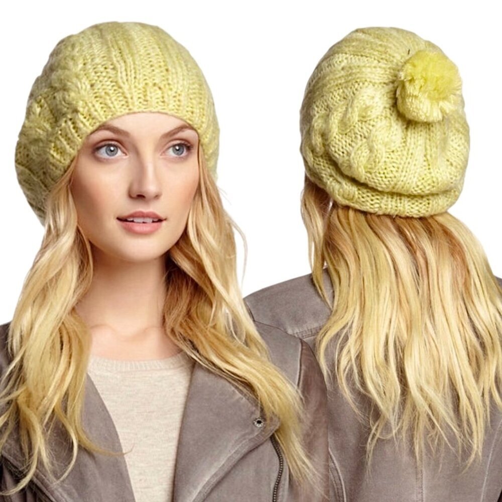 NWT Screamer Women's Beanie Hat Cable Knit Pompom Yellow Whimsical Winter